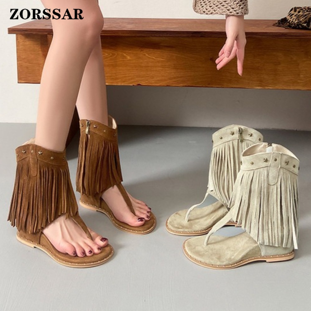 Women Shoes Boots - Sandálias de Plataforma com Franjas e