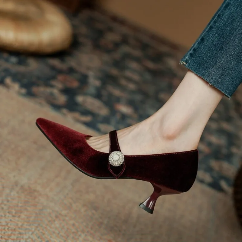 Women'S Heels - Vinho tinto apontou toe mary jane